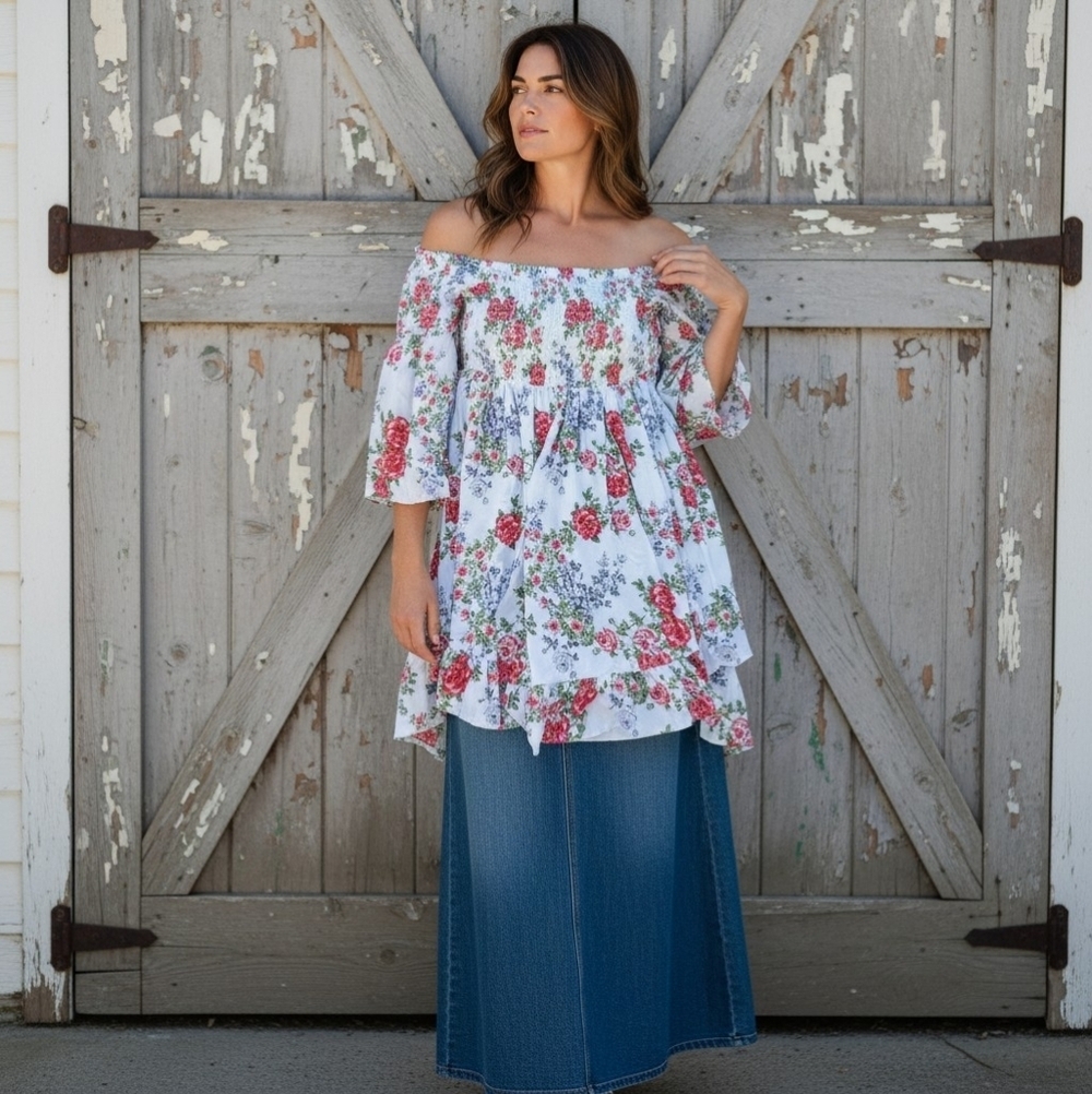 Torrid White Floral Smocked Tunic With Bishop Sleeves